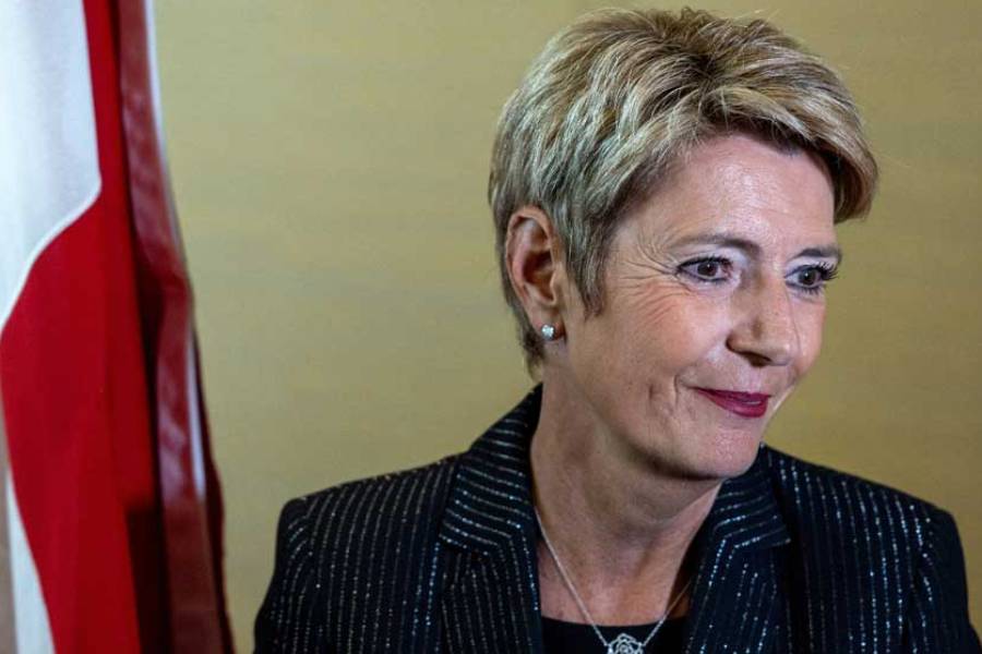 Swiss President Karin Keller-Sutter talks to the medias after a news conference, after meeting in separate bilateral meetings with Chinese and US delegations ahead of trade talks in Geneva, Switzerland, May 9, 2025.