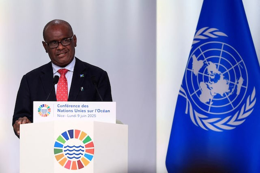 Solomon Islands Prime Minister Jeremiah Manele delivers a speech during a plenary session at the third United Nations Ocean Conference (UNOC3), which gathers leaders, researchers and activists to discuss how to protect marine life, at the Centre des Expositions conference centre in Nice, France, June 9, 2025.