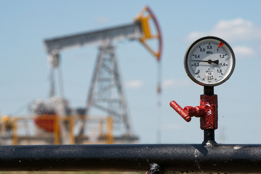 A view shows a pressure gauge near oil pump jacks outside Almetyevsk, in the Republic of Tatarstan, Russia July 14, 2025.