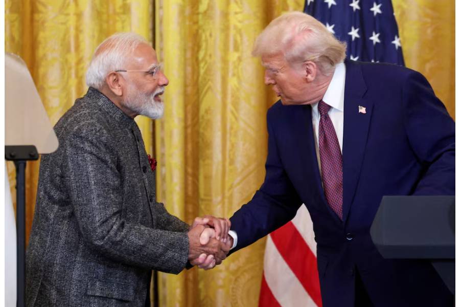 U.S. President Donald Trump and Indian Prime Minister Narendra Modi shake hands as they attend a joint press conference at the White House in Washington, D.C., U.S., February 13, 2025.