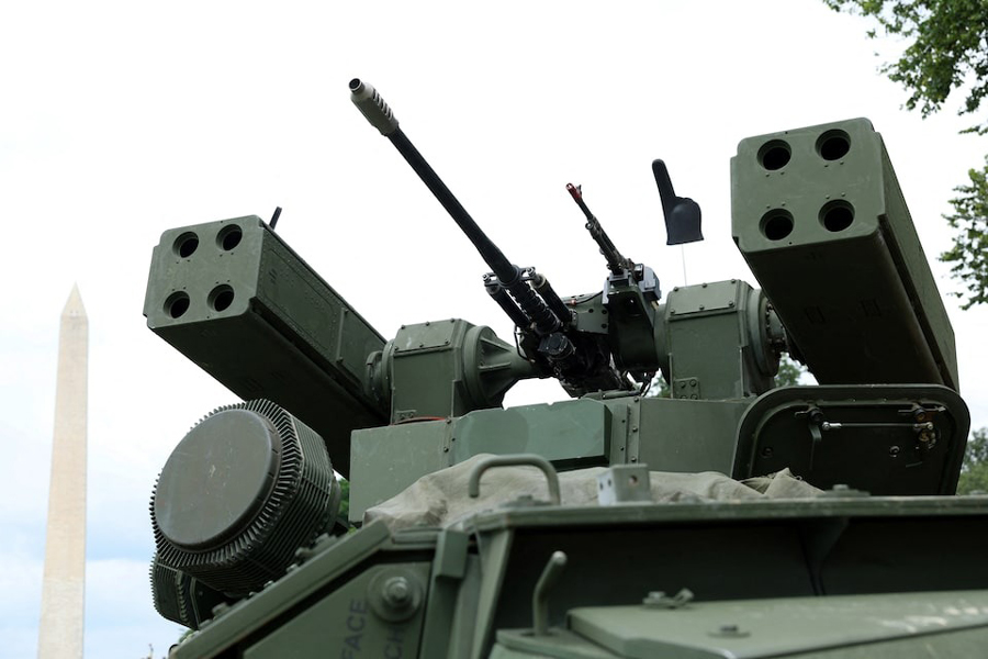 A view shows a Stryker armored vehicle with the Washington Monument in the background on the day of a military parade to commemorate the US Army's 250th Birthday in Washington, D.C. US, June 14, 2025.