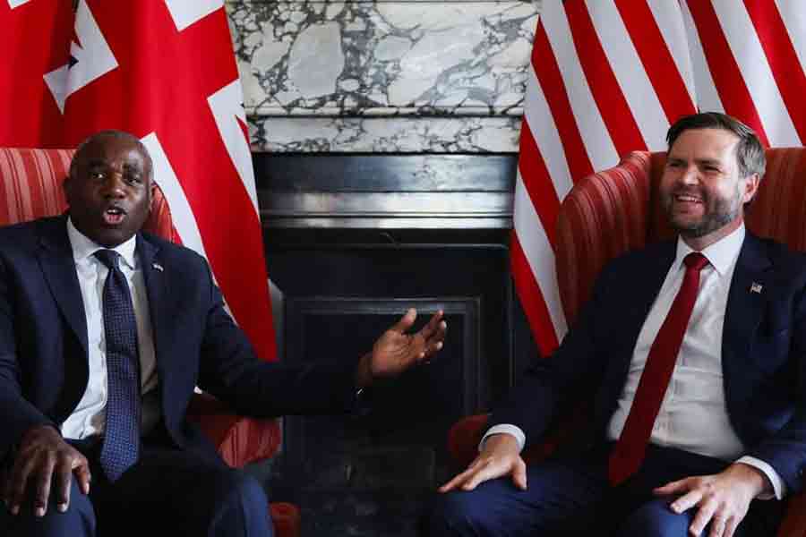 US Vice President JD Vance and British Foreign Secretary David Lammy react as they meet at Chevening House in Sevenoaks, Britain, Aug 8, 2025.