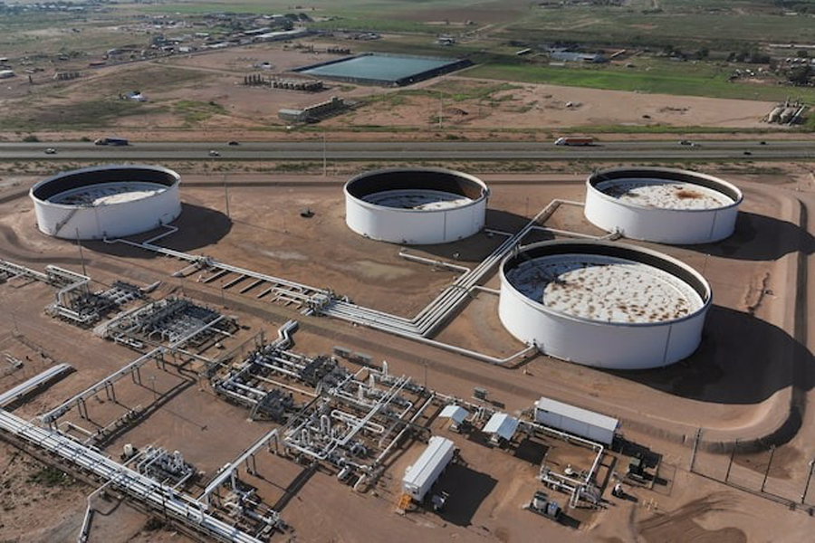 A drone view shows a portion of the crude oil tank farm in Midland, Texas, US June 11, 2025.