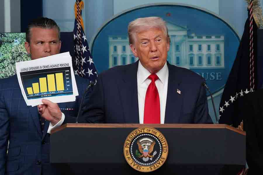 US President Donald Trump speaks to the press about deploying federal law enforcement agents in Washington to bolster the local police presence, as US Defense Secretary Pete Hegseth looks on, in the Press Briefing Room at the White House, in Washington DC, US, August 11, 2025.