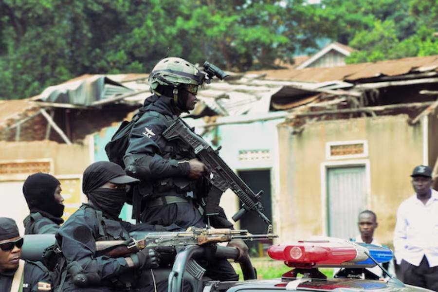 Ugandan security forces patrol in the suburb of Kampala, Uganda, July 22, 2024.