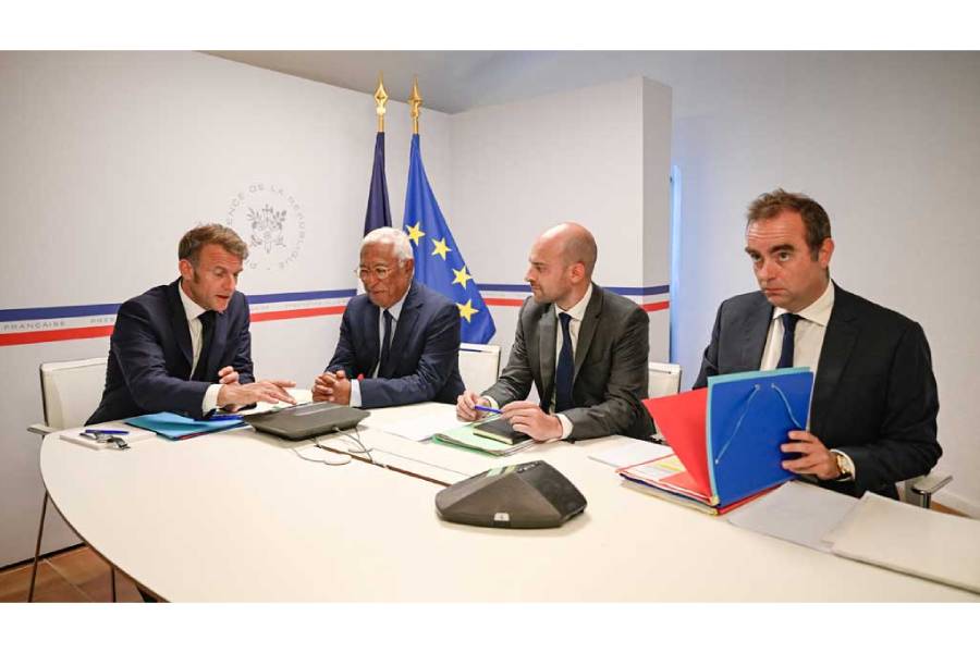 French President Emmanuel Macron, Antonio Costa, President of the European Council, French Minister for Europe and Foreign Affairs Jean-Noel Barrot, and France's Minister of Armed Forces Sebastien Lecornu attend a video conference with US President Donald Trump, Ukrainian President Volodymyr Zelensky and European Union leaders about the upcoming Trump-Putin meeting on Ukraine, at Fort de Bregancon in Bormes-les-Mimosas, France, Aug 13 2025.
