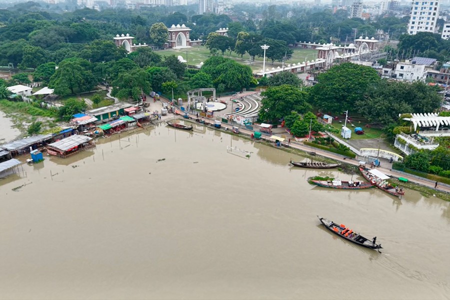 A bird's eye view of a submerged area, due to flash flood at Muktomancho area near Rajshahi metropolitan eidgah in Rajshahi city