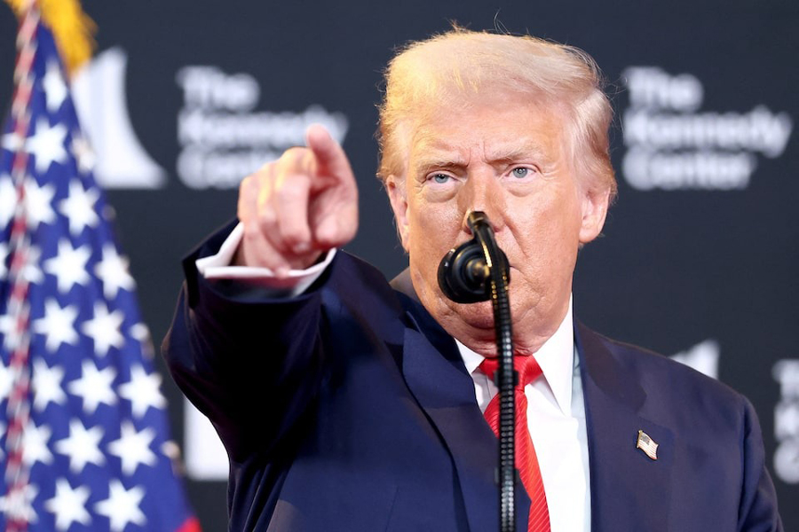 US President Donald Trump takes a question from the press during a visit to the Kennedy Center in Washington, DC, US, August 13, 2025.