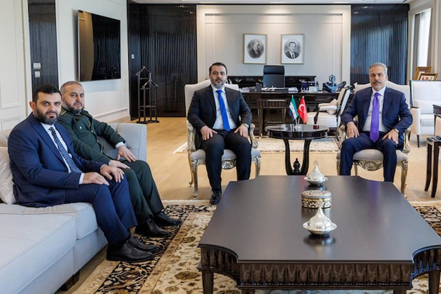 Syrian Foreign Minister Asaad Hassan al-Shibani, accompanied by General Intelligence Service Director Hussein Al-Salama and Defence Minister Murhaf Abu Qasra, meets with his Turkish counterpart Hakan Fidan in Ankara, Turkey, August 13, 2025.