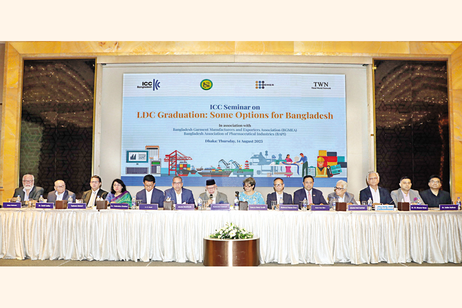 Participants are seen at the ICC-B seminar on 'LDC Graduation: Some Options for Bangladesh' held on Thursday at a city hotel. ICC-B Chairman Mr Mahbubur Rahman presided. — FE Photo