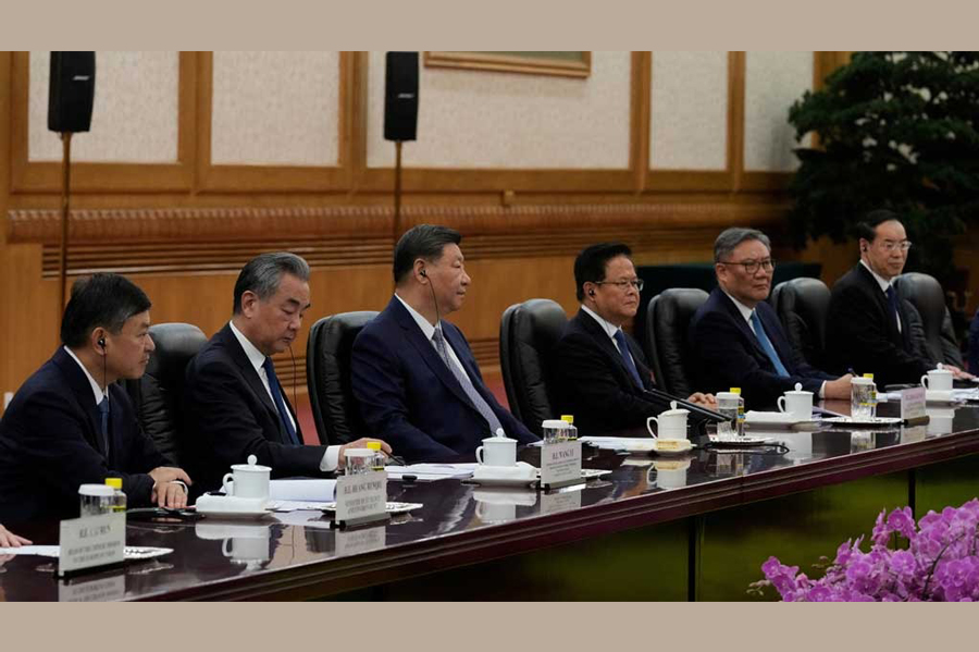 Chinese President Xi Jinping and Chinese Foreign Minister Wang Yi attend the EU-China summit at the Great Hall of the People in Beijing, China, Jul 24, 2025.