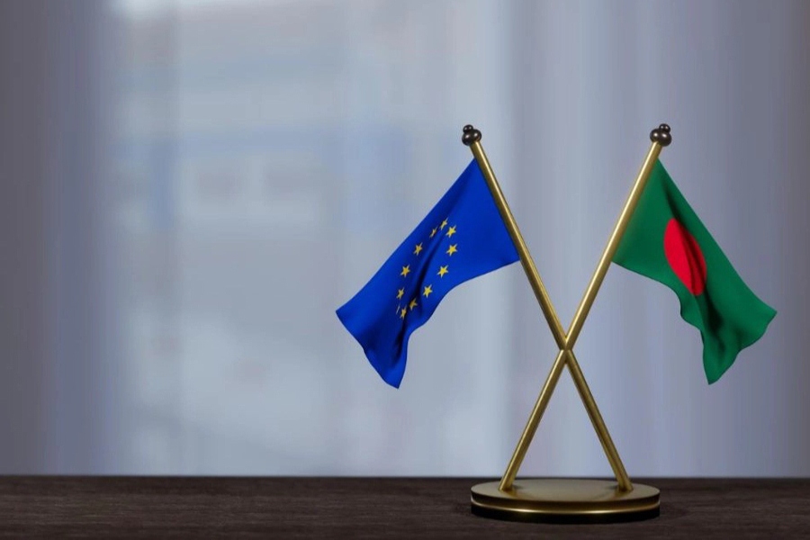 Flags of Bangladesh and European Union are seen cross-pinned in this illustration — via UNB