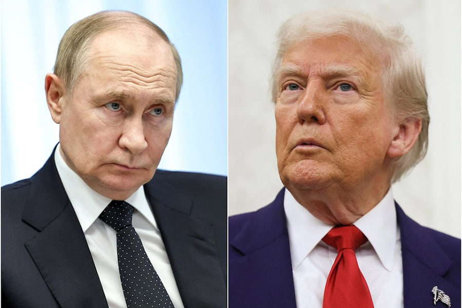 A combination picture shows Russian President Vladimir Putin during a meeting with Arkhangelsk Region Governor Alexander Tsybulsky in Severodvinsk, Arkhangelsk region, Russia on July 24, 2025. Sputnik/Pool via REUTERS, and US President Donald Trump during a swearing-in ceremony for the interim US Attorney for the District of Columbia, Jeanine Pirro, at the White House in Washington, DC, US on May 28, 2025 — via Reuters