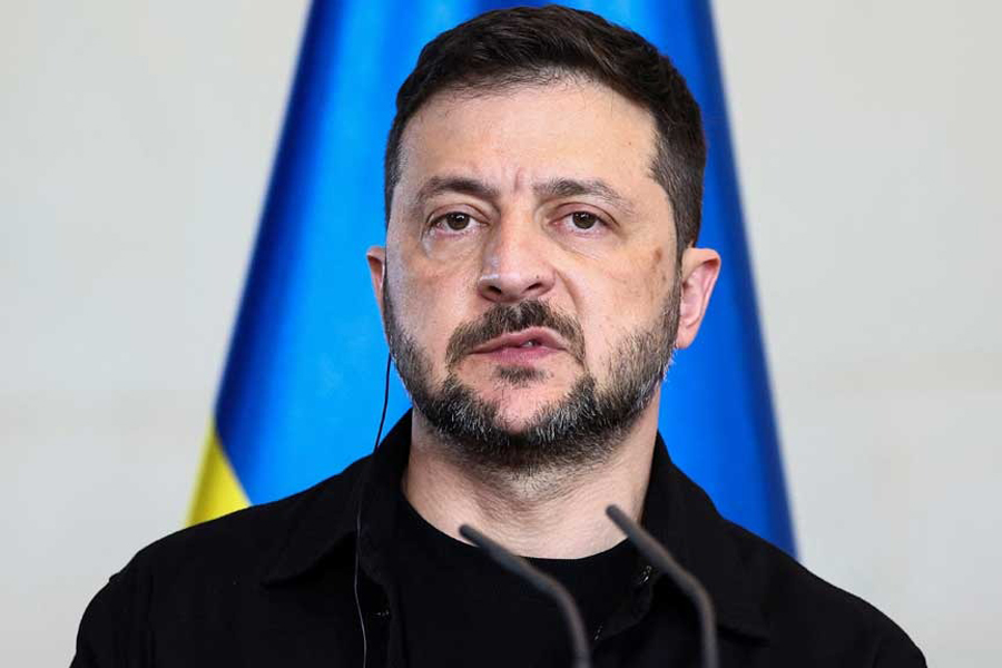 Ukrainian President Volodymyr Zelensky attends a press conference with German Chancellor Friedrich Merz (not pictured), on the day they attend a virtual meeting with US President Donald Trump and European leaders on the upcoming Trump-Putin summit on Ukraine, in Berlin, Germany, Aug 13, 2025.