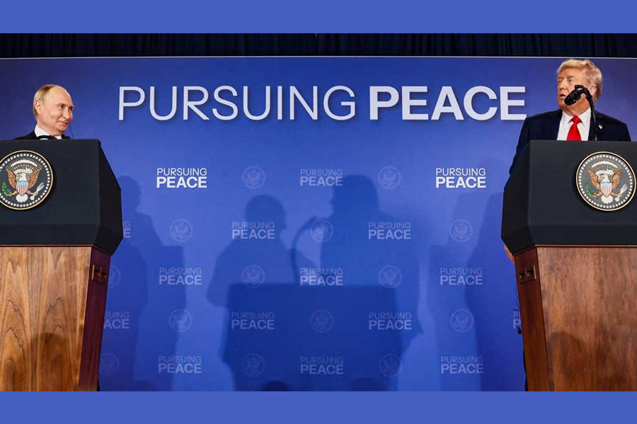 US President Donald Trump and Russian President Vladimir Putin hold a press conference following their meeting to negotiate an end to the war in Ukraine, at Joint Base Elmendorf-Richardson, in Anchorage, Alaska, US, Aug 15, 2025.