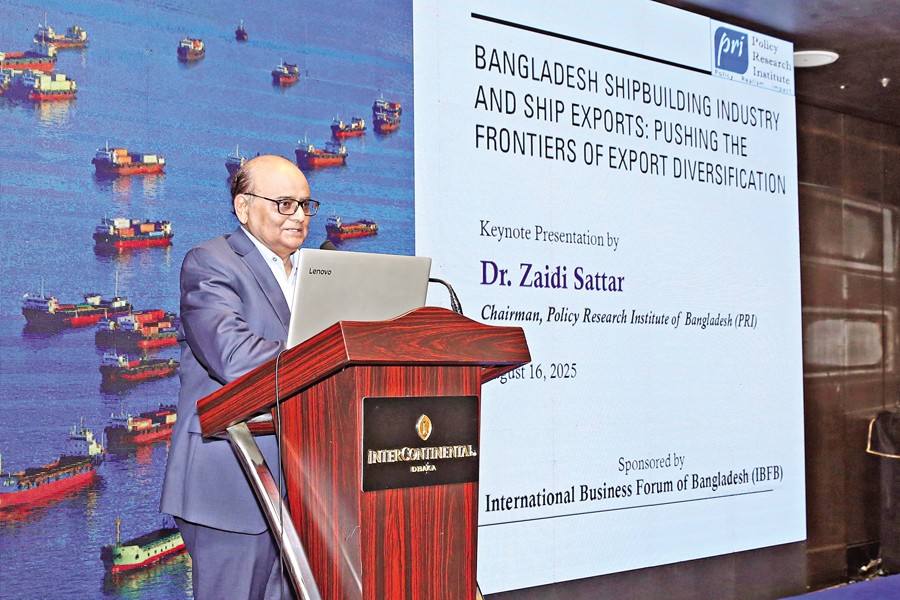 Policy Research Institute of Bangladesh (PRI) Chairman Zaidi Sattar speaking at a seminar titled "Green Shipbuilding: A New Frontier for Industrialisation", organised by the International Business Forum of Bangladesh (IBFB) at a city hotel on Saturda