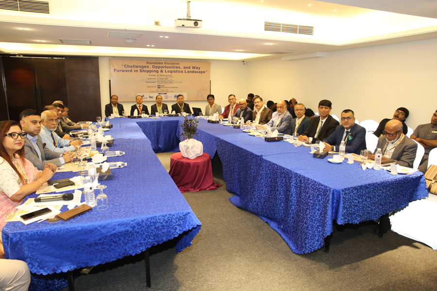Business leaders and government officials attend a roundtable discussion on 'Challenges, Opportunities and Way Forward in Shipping and Logistics Landscape,' organised by The Financial Express at a city hotel on Sunday. Mohammad Yousuf, senior secretary of the Ministry of Shipping, was present as the chief guest, while Dr Ahmed Ullah, director general of the Chief Adviser's Office, attended as the special guest. Professor Md Mamun Habib of Independent University, Bangladesh, delivered the keynote address. The discussion was chaired by Shamsul Huq Zahid, Editor of The Financial Express, while Shiabur Rahman Shihab, head of online at the daily, moderated it — FE photo
