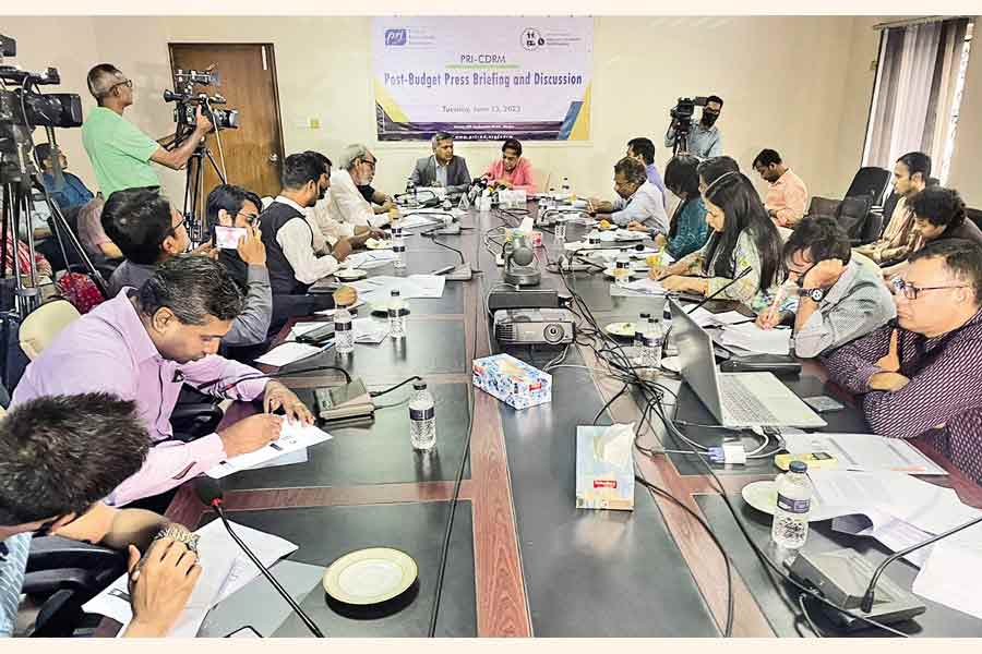 Executive Director of Policy Research Institute of Bangladesh (PRI) Dr Ahsan H Mansur speaks at a post-budget press briefing and discussion at the PRI Conference Room in the capital on Tuesday. —FE photo
