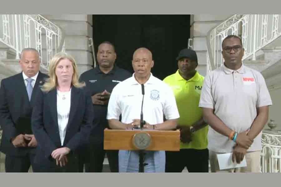 This image taken from video provided by the New York Police Department shows mayor Eric Adams speaking during a news conference in New York, Sunday, Aug 17, 2025.
