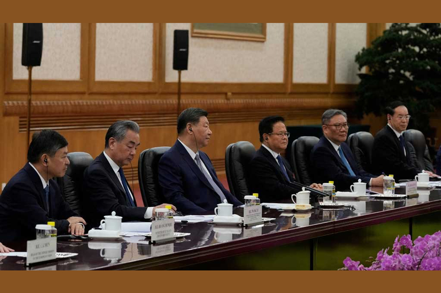 Chinese President Xi Jinping and Chinese Foreign Minister Wang Yi attend the EU-China summit at the Great Hall of the People in Beijing, China, Jul 24, 2025.