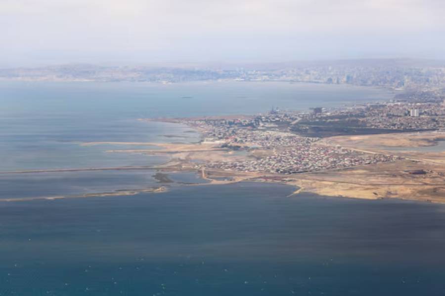 An aerial view of the Caspian Sea near the city of Baku through the window of an airplane, in Baku Azerbaijan May 27, 2019.