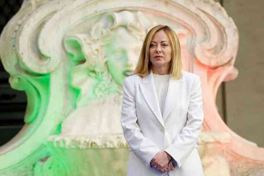 Italian Prime Minister Giorgia Meloni looks on as she attends the "master of the art of Italian cuisine award" ceremony at Palazzo Chigi, in Rome, Italy, Apr 2, 2025.