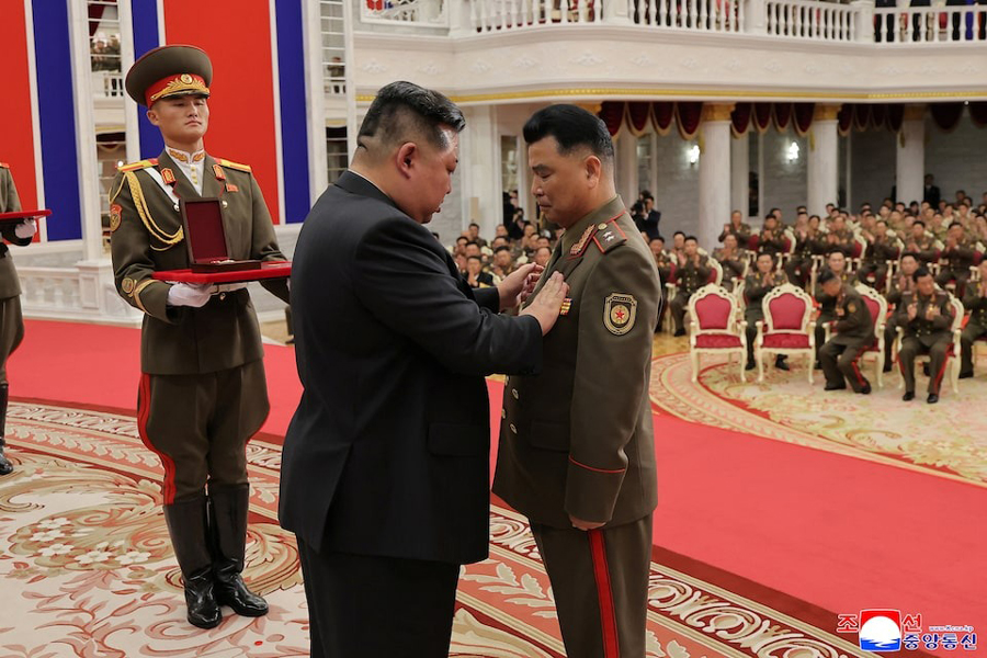 North Korean leader Kim Jong attends a national commendation ceremony for the commanders and fighters of the Korean People's Army's overseas operations unit, at the headquarters of the Central Committee of the Korean Workers' Party, in Pyongyang, North Korea, in this photo released on August 22, 2025 by North Korea's Korean Central News Agency (KCNA).