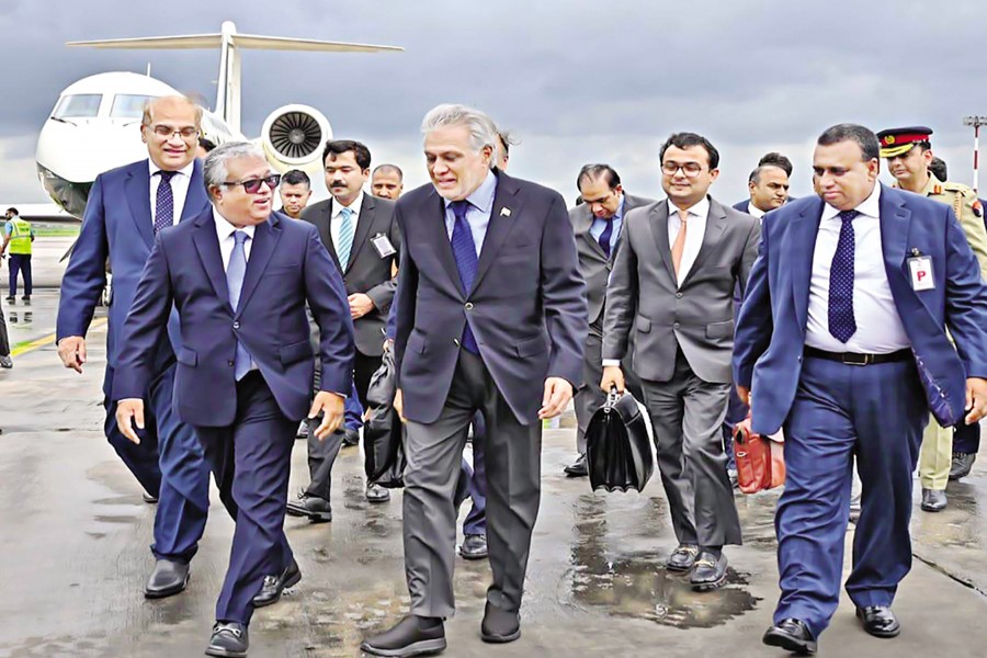 Bangladesh Foreign Secretary Asad Alam Siam welcomes Pakistan Foreign Minister Ishaq Dar at Hazrat Shahjalal International Airport in Dhaka on Saturday