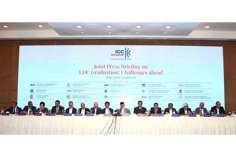 ICC Bangladesh President Mahbubur Rahman (7th from right) addressed at a joint press briefing on ‘LDC Graduation: Challenges Ahead’ organised by ICC Bangladesh in association with the national trade organizations held at a local hotel in Dhaka on Sunday.