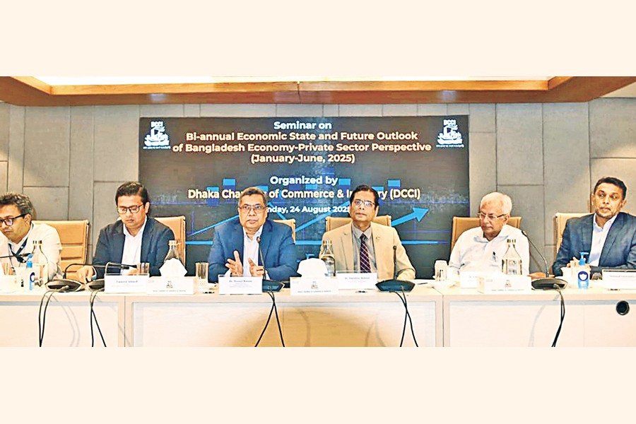 General Economics Division (GED) Member of the Planning Commission Dr Monzur Hossain speaking as the chief guest a seminar on "Bi-annual Economic State and Future Outlook of Bangladesh Economy-Private Sector Perspective" organised by Dhaka Chamber of Commerce and Industry (DCCI) held at the DCCI auditorium in the capital on Sunday