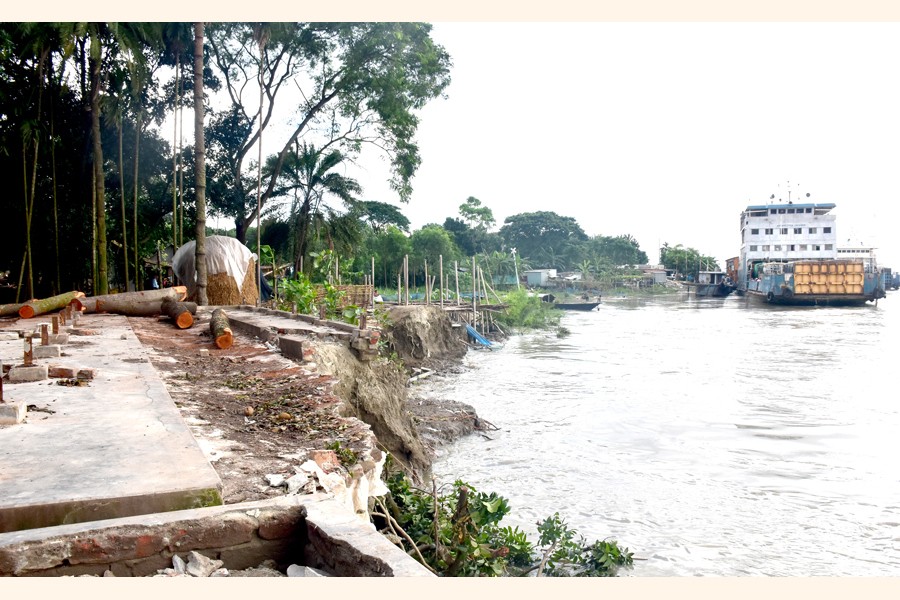 Photo shows the erosion-disfigured Paturia Ferry Terminal No. 4 in Manikganj district