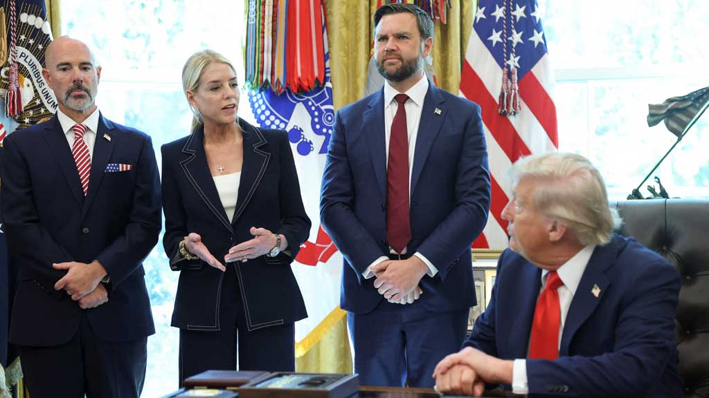 US Attorney General Pam Bondi speaks next to US Vice President JD Vance and Terry Cole, Administrator of the US Drug Enforcement Administration (DEA), during the signing of executive orders by US President Donald Trump in the Oval Office at the White House in Washington, DC, US, August 25, 2025. REUTERS