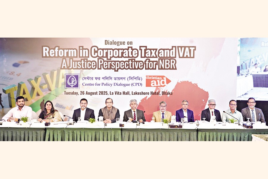 NBR Chairman Md Abdur Rahman Khan (centre) at a dialogue titled "Reform in Corporate Tax and VAT: A Justice Perspective for NBR", organised by the Centre for Policy Dialogue (CPD) with support from Christian Aid Bangladesh at a city hotel on Tuesday