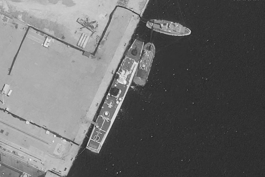 A satellite image of a recently-damaged Chinese coast guard vessel under repair, in the Yulin Naval Base, in Sanya, Hainan Island, China, August 21, 2025.