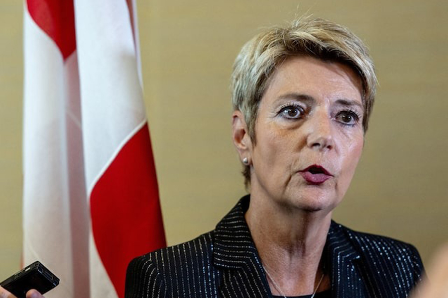 Swiss President Karin Keller-Sutter talks to the media after a news conference, after meeting in separate bilateral meetings with Chinese and US delegations ahead of trade talks in Geneva, Switzerland, May 9, 2025.