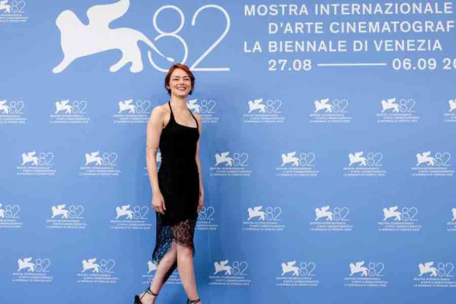 Cast member Emma Stone poses during a photocall for the movie "Bugonia" in competition, at the 82nd Venice Film Festival, in Venice, Italy, Aug 28, 2025.