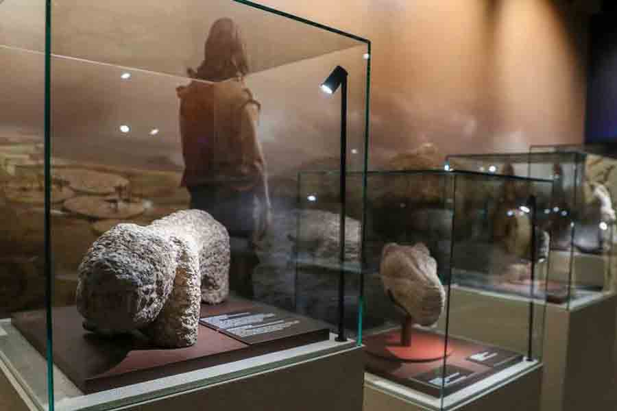 Animal sculptures, discovered at the Karahan Tepe archaeological site, are on display at the "Golden Age of Archaeology" exhibition at the Presidential Complex Exhibition Hall in Ankara, Turkey, Aug 21, 2025.