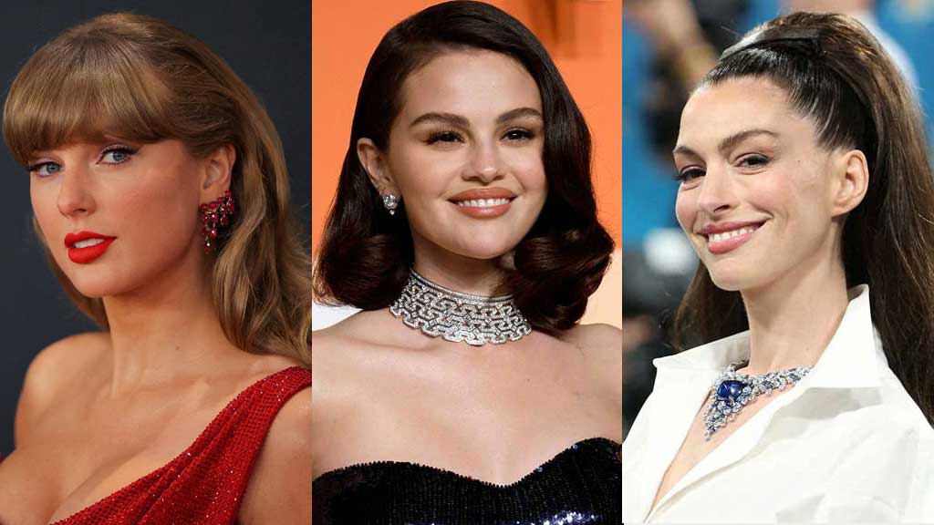 A combination photo shows (L) Taylor Swift at the red carpet during the 67th Annual Grammy Awards in Los Angeles, California, US, February 2, 2025, (C) Selena Gomez attending the Vanity Fair Oscars party after the 97th Academy Awards, in Beverly Hills, California, U.S., March 2, 2025 and Anne Hathaway posing during the Met Gala in New York City, May 5, 2025. REUTERS