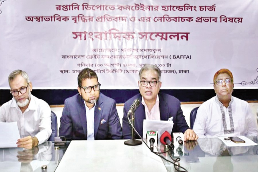 BAFFA member Abrarul Alam speaks at a press conference at the Dhaka Reporters Unity (DRU) auditorium in the city on Saturday