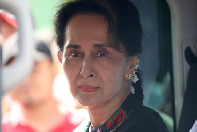 Myanmar's State Counsellor Aung San Suu Kyi arrives at a school in Kawhmu, Yangon, Myanmar, July 18, 2019.