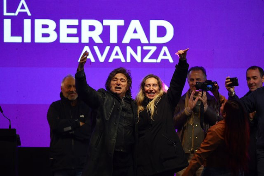 Argentina's President Javier Milei and General Secretary of the Presidency of Argentina Karina Milei gesture onstage during the closing campaign rally of the La Libertad Avanza party, days before the legislative elections in the province of Buenos Aires, in Moreno on the outskirts of Buenos Aires, Argentina, September 3, 2025.
