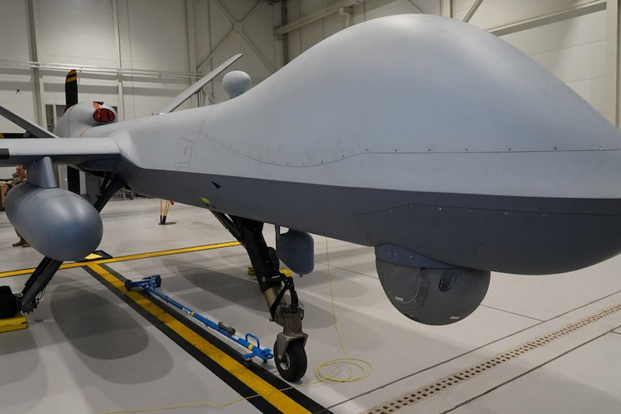 A US Air Force MQ-9 Reaper drone sits in a hanger at Amari Air Base, Estonia, July 1, 2020.