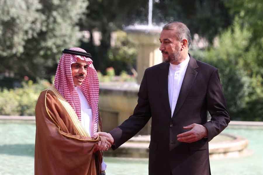 Iranian Foreign Minister Hossein Amir-Abdollahian meeting with Saudi Arabia's Foreign Minister Prince Faisal bin Farhan Al Saud in Tehran on Saturday -Reuters photo