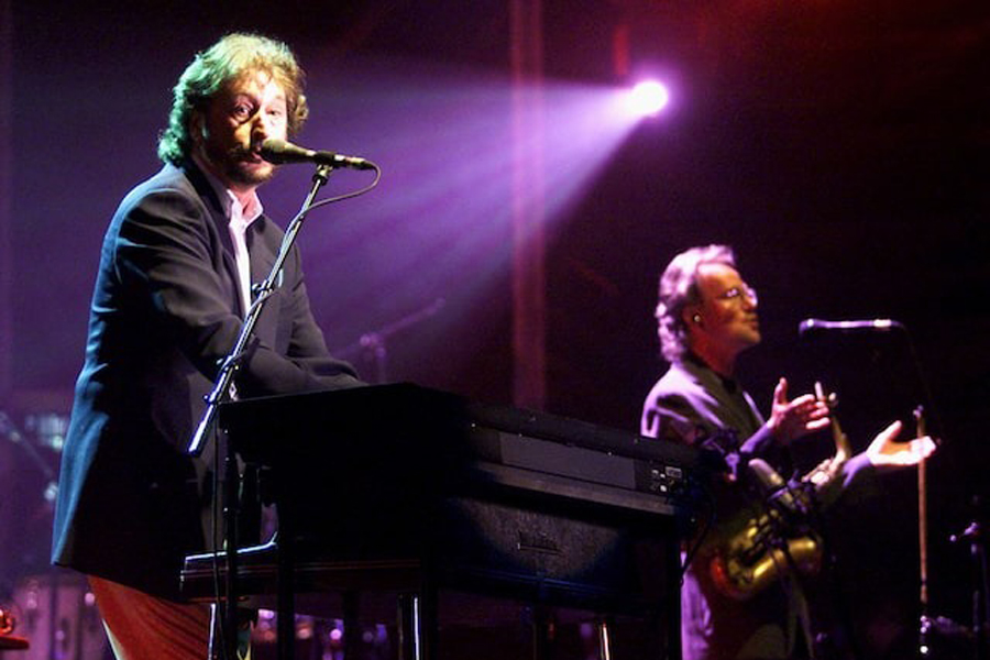 Supertramp rock group member Rick Davis, (L), vocals and keyboards, and John Helliweil,(R) sax, both founding members of Supertramp, perform during their first concert of the 2002 world tour " One More for the Road" in Benidorm, Spain April 18, 2002.