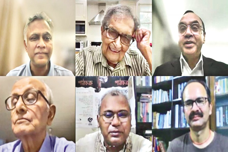 Nobel laureate Amartya Sen inaugurates a lecture series on individual well-being and social welfare virtually on Saturday. Organised by Banglar Pathshala Foundation in collaboration with Mutual Trust Bank, the event was also attended by Professor Rehman Sobhan, MTB Director Syed Nasim Manzur and MTB Managing Director & CEO Syed Mahbubur Rahman
