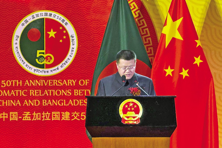 Chinese Ambassador Yao Wen speaks at a ceremony held in Dhaka on Wednesday marking 50 years of diplomatic relations between Bangladesh and China.