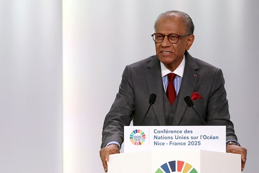 Mauritius' Prime Minister Navin Ramgoolam delivers a speech during a plenary session at the third United Nations Ocean Conference (UNOC3), which gathers leaders, researchers and activists to discuss how to protect marine life, at the Centre des Expositions conference centre in Nice, France, June 10, 2025.