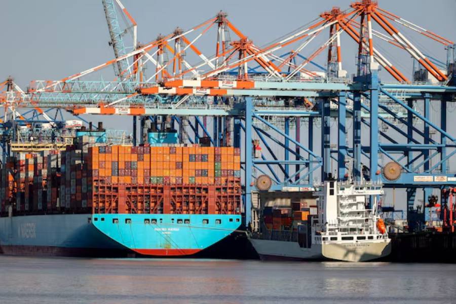 The container ships Maribo Maersk and Bianca Rambow sit moored at a terminal wharf in Bremerhaven, Germany, August 13, 2025.