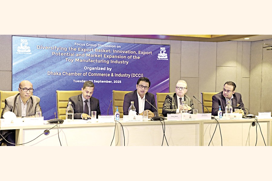 DCCI President Taskeen Ahmed speaks at a discussion on 'Diversifying the Export Basket' organised by the Dhaka Chamber of Commerce & Industry (DCCI) on Tuesday. Muhammad Mubinul Kabir, Member, National Board of Revenue (NBR), and Martin Dawson, Deputy Development Director, British High Commission, attended the event as special guests.