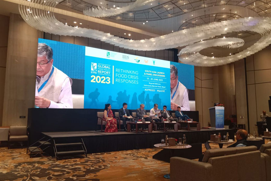 Speakers at the concluding session of the two-day long ‘IFPRI Global Food Policy Report 2023 South Asia Launch: Rethinking Food Crisis Responses’ held at a Kathmandu hotel.